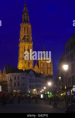 Cattedrale di Nostra Signora (Onze-Lieve-Vrouvekathedraal), illuminata di notte, Belgio, Anversa Foto Stock