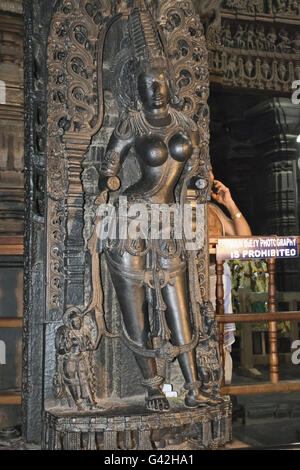 Il mohini pilastro avente una bella statua di mohini, forma femminile del signore Vishnu. chennakeshava tempio. belur, Karnataka, India Foto Stock