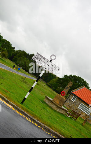 Cartello stradale sul verde villaggio in Goathland North Yorkshire. Impostazione per il villaggio fittizio di Aidensfield in Heartbeat Foto Stock