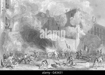 Parigi: Caserne Suisse, Rue de Babylone, 29 juillet 1830, antica stampa 1831 Foto Stock