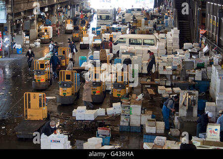 Il mercato del pesce di Tsukiji è il più grande mercato all'ingrosso di pesce e frutti di mare del mondo e anche di uno dei più grandi di cibo all'ingrosso ma Foto Stock