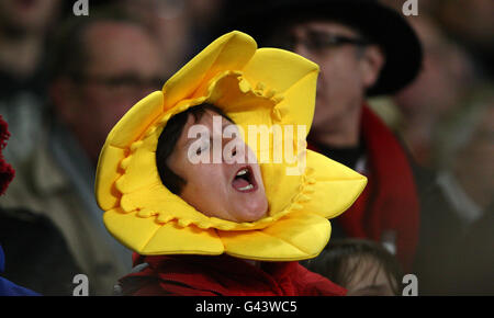 Un fan canta durante la partita RBS 6 Nations al Millennium Stadium di Cardiff. Foto Stock