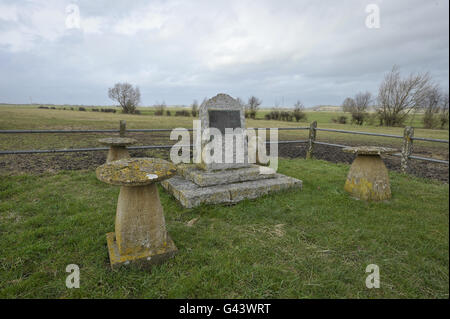 Vista generale del memoriale al sito della battaglia di Sedgemoor, trovato in un campo sui livelli del Somerset vicino a un villaggio chiamato Westonzoyland. La Battaglia di Sedgemoor fu la battaglia finale della ribellione Monmouth e l'ultima grande battaglia combattuta sul suolo britannico. La battaglia fu combattuta nella prima mattina del 6 luglio 1685 Foto Stock