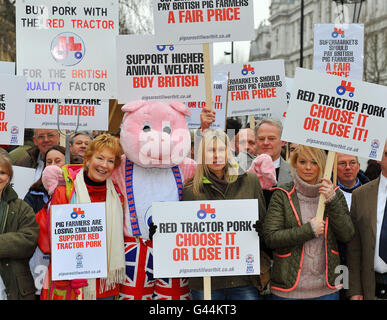 (Da sinistra a destra, prima fila) Christine Hamilton, Sharron Davies e Liz McClarnon si uniscono al raduno della National Pig Association di fronte a Downing Street, Londra, come centinaia di allevatori di suini da tutto il paese campagna per un affare giusto da supermercati e trasformatori. Foto Stock