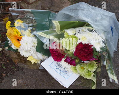 I fiori lasciarono fuori da una casa su Garendon Road a Shepped, Leicestershire, dove una madre e due bambini furono trovati morti. Foto Stock