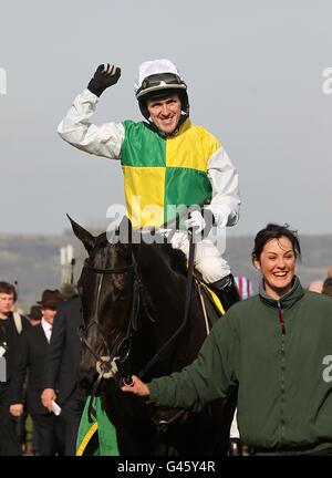 Il jockey Tony McCoy festeggia dopo aver vinto la Ryanair Chase (registrata come Festival Trophy Chase) in sella ad Albertas, il giorno di San Patrizio, durante il Cheltenham Festival. Foto Stock