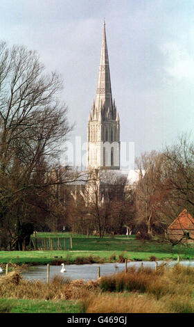 CATTEDRALE DI SALISBURY: Fiume Avon che attraversa i prati d'acqua minacciati a Britford vicino Salisbury Foto Stock