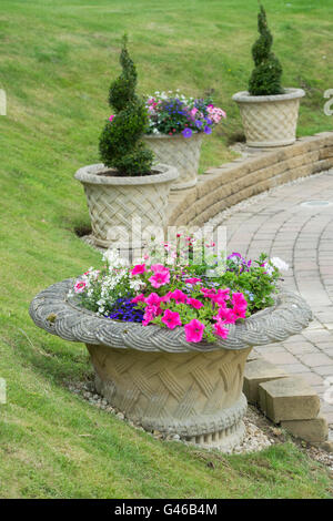 Flora urne di pietra in un giardino cottage. Ashton sotto la collina, Wychavon district, Worcestershire, Inghilterra Foto Stock