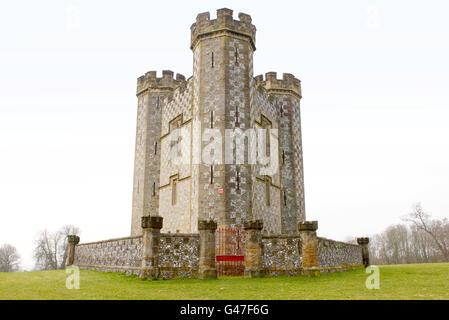 Una vista generale della Hiorne Tower sulla tenuta Norfolk ad Arundel, West Sussex, che si trova nel nuovo South Downs National Park. La South Downs National Park Authority (SDNPA) è attiva il 1° aprile, quando assume la responsabilità legale di guidare e pianificare il futuro del più recente parco nazionale del Regno Unito. Foto Stock