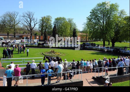 Corse di cavalli - Primavera Family Fun Day - Lingfield Park Racecourse. I Racegoers possono vedere i cavalli nel Parade Ring all'ippodromo di Lingfield Park Foto Stock