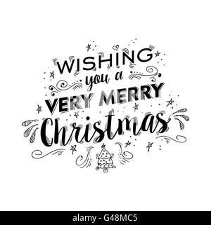 Buon Natale lettering design manoscritta. Happy Xmas desiderio citazione di testo con ornamento doodle disegni per poster, vacanza salutare Illustrazione Vettoriale