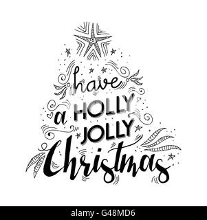 Buon Natale lettering design manoscritta. Holly Jolly happy xmas desidero citare con disegni rendendo forma ad albero per poster Illustrazione Vettoriale