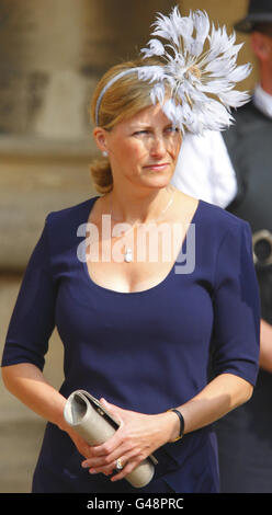 La Contessa di Wessex arriva per il servizio di Pasqua Matins alla Cappella di San Giorgio, Castello di Windsor. Foto Stock