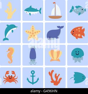 Set di icone di mare. Illustrazione Vettoriale