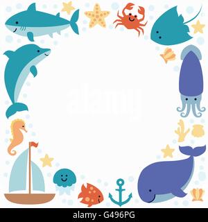 Sfondo con animali del mare e del luogo per il testo. Illustrazione Vettoriale