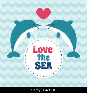 Amo il mare summer card con coppia di delfini. Illustrazione Vettoriale