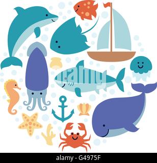 Set di animali marini nel cerchio isolato su sfondo bianco. Illustrazione Vettoriale