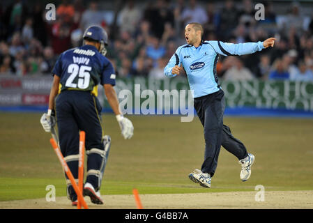 Wayne Parnell di Sussex (a destra) celebra il bowling di Ravi Bopara di Essex durante la partita Friends Life Twenty20 al PROBIZ County Ground di Brighton. Foto Stock