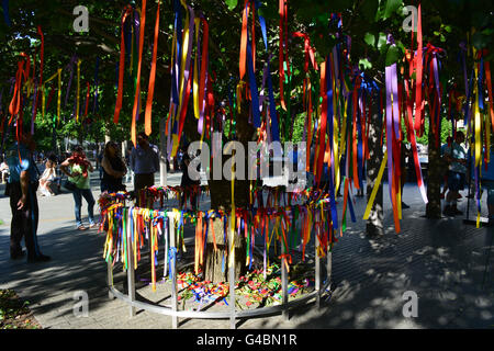 Survivor albero a Ground Zero decorate in onore di quelle vite perdute a sparare a un night club per gay in Orlando. Foto Stock