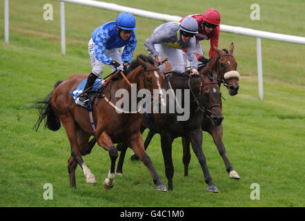 Vito Volterra guidato da Adrian Nicholls (a sinistra) vince il seaton Delaval Tradesbettingexchange.co.uk Handicap Stakers davanti al Prince of Dance guidato da Graham Gibbons (centro) e dallo Spirito Arabico guidato da Tony Hamilton sul Seaton Delaval Trophy Raceday del Northumberland Plate Festival all'Ippodromo di Newcastle. Foto Stock