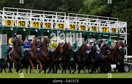 I runner si staccano dalle bancarelle di partenza nel Castlepoint Shopping Park A3060 Bournemouth Maiden Stakes presso l'ippodromo di Salisbury, Salisbury. Foto Stock