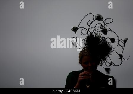 Una silhouette di una racegoista femminile che sfoggia un cappello alla moda durante il secondo giorno del Royal Ascot Meeting 2011. Foto Stock