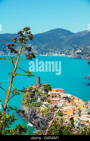 Rocciosa costa del mare. Mar Ligure, visualizzare a Vernazza Village, Cinqe Terre, Italia Foto Stock