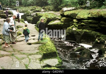 Walker allo Strid a Bolton Abbey, vicino a Skipton oggi (Giovedi), dove una coppia appena sposata si teme di annegare dopo aver fatto una passeggiata lungo il fiume il secondo giorno della loro luna di miele. Lynn e Barry Collett, che sono stati sposati in Hampshire il sabato, sono stati visti l'ultima volta lasciando il loro cottage di vacanza nello Yorkshire Dales il lunedì. Foto di Paul Barker/PA*EDI*. Vedere la storia della PA POLIZIA Luna di miele Foto Stock