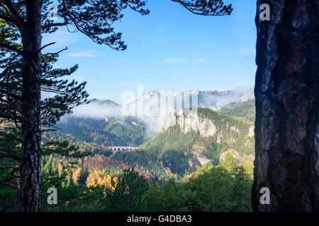 Vista dal 20 Shilling vedute della ferrovia di Semmering con il viadotto Kalte-Rinne , il Polleroswand , Rax, Austria, Niederöster Foto Stock