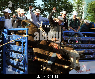 Il Duca (2° a destra) e la Duchessa (a sinistra) di Cambridge guardano una dimostrazione di rodeo al Centro BMO di Calgary, Alberta, Canada. Foto Stock