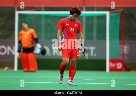 Jong Hyun Jang della Corea reagisce per dare il primo obiettivo della partita contro la Nuova Zelanda durante la partita nella London Cup 2011, tenutasi presso il campo sportivo Quintin Hogg Memorial dell'Università di Westminster a Londra Foto Stock