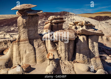 Brown area Hoodoos formazioni, Bisti De-Na-Zin Wilderness, Nuovo Messico, STATI UNITI D'AMERICA Foto Stock