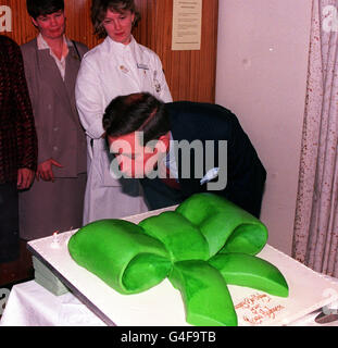 PA NEWS PHOTO 14/11/91 PER CELEBRARE IL SUO 43° COMPLEANNO IL PRINCIPE DI GALLES È STATO PRESENTATO CON UNA TORTA DI COMPLEANNO QUANDO HA VISITATO L'OSPEDALE TH E PRINCESS ALEXANDRA AD HARLOW. QUESTO FU IL PRIMO IMPEGNO PUBBLICO DI SUA ALTEZZA REALE COME PATRONO DELL'APPELLO PER LE INFERMIERE DI MACMILLAN. LA TORTA È STATA FATTA DA JANE ASHER. Foto Stock