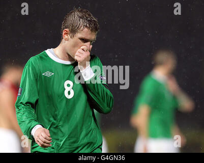 Steven Davis dell'Irlanda del Nord si è espulso dopo la sconfitta del 1-0 durante la partita di qualificazione del Campionato europeo al Windsor Park di Belfast. Foto Stock