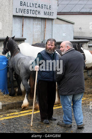 Commercianti di cavalli alla fiera di Lammas di Ould a Ballycastle, Co Antrim. Foto Stock