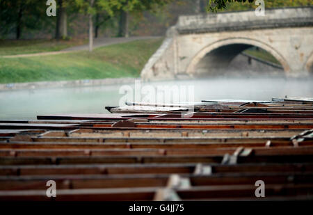 Si fa un pugno sul fiume Cam mentre la nebbia del mattino presto sale sull'acqua di Cambridge. Foto Stock