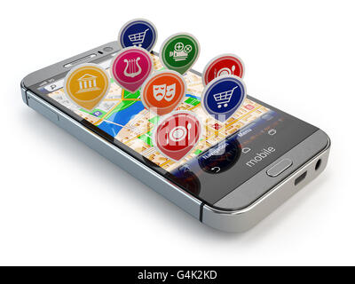 GPS mobile il concetto di navigazione. Smartphone e applicazione con ristoranti, cinema, mercati. 3d illustrazione Foto Stock