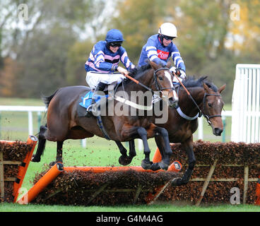 Hope Point guidato da Dave Crosse (a destra) salta davanti Galoppante Regina guidata da Marc Goldstein per andare avanti a. Vinci l'huntingdon Fillies Juvenile hurdle Foto Stock