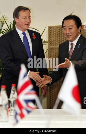 Il primo ministro David Cameron e il primo ministro giapponese Yoshihiko Noda hanno visto durante il loro incontro bilaterale prima dell'inizio del vertice del G20 delle principali economie mondiali a Cannes, in Francia. Foto Stock