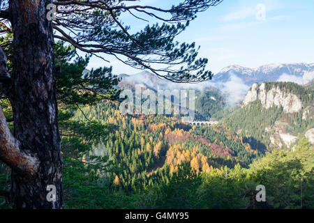 Vista dal 20 Shilling vedute della ferrovia di Semmering con il viadotto Kalte-Rinne , il Polleroswand , Rax, Austria, Niederöster Foto Stock