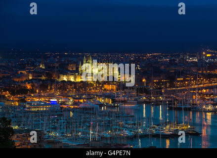 Vista di Palma con la sua cattedrale e il porto al tramonto Foto Stock