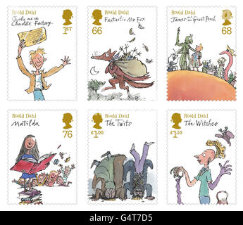 Il nuovo set di francobolli di Royal Mail che celebra il lavoro dell'iconico autore per bambini, Roald Dahl, disponibili presso gli uffici postali da martedì 10 gennaio. Foto Stock