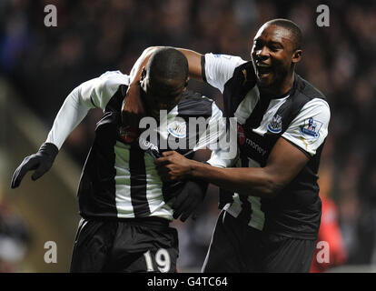 Demba Ba (a sinistra) di Newcastle United celebra il suo obiettivo durante la partita Barclays Premier League allo Sport Direct Arena Park, Newcastle. Foto Stock