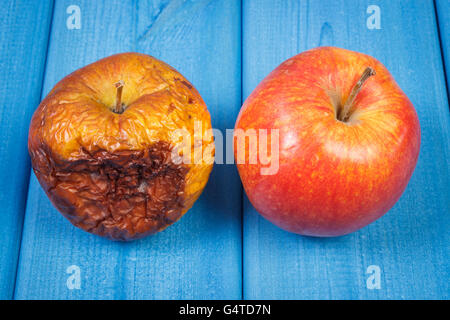 Fresco e vecchio rugoso di mele con stampo su schede di blu, sani e alimenti dannosi per la salute Foto Stock