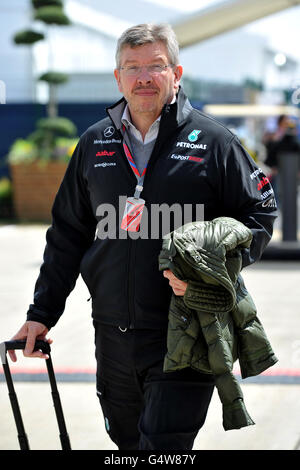 Il team principal della Mercedes GP Petronas Ross Brawn arriva a Silverstone durante la giornata dei paddock per il Gran Premio di Formula uno Santander al circuito di Silverstone, Northampton. Foto Stock