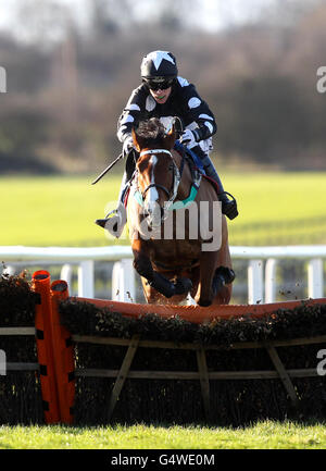 Corse ippiche - Weekday Racing - Wetherby Racecourse. Lo Scoglio guidato da Lee Edwards salta l'ultimo sulla strada per vincere la gara di hindle Turftv.co.uk giovanili Foto Stock