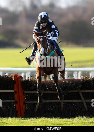 Corse ippiche - Weekday Racing - Wetherby Racecourse. Lo Scoglio guidato da Lee Edwards salta l'ultimo sulla strada per vincere la gara di hindle Turftv.co.uk giovanili Foto Stock