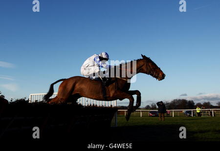 Knockando guidato da Peter Buchanan salta l'ultimo sul Senso vincere la notte del curry della commedia - venerdì 17 Febbraio gara di ostacoli handicap Foto Stock