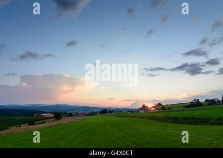 Affacciato Gehmannsberg e la foresta bavarese al tramonto, Rinchnach, in Germania, in Baviera, Baviera, Niederbayern, Bassa Baviera Foto Stock