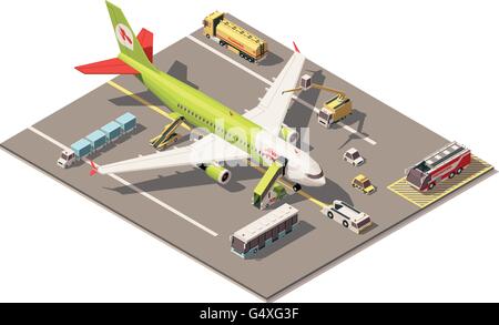 Isometrica del vettore low poly grembiule airport con aereo, attrezzature di supporto a terra e veicoli Illustrazione Vettoriale